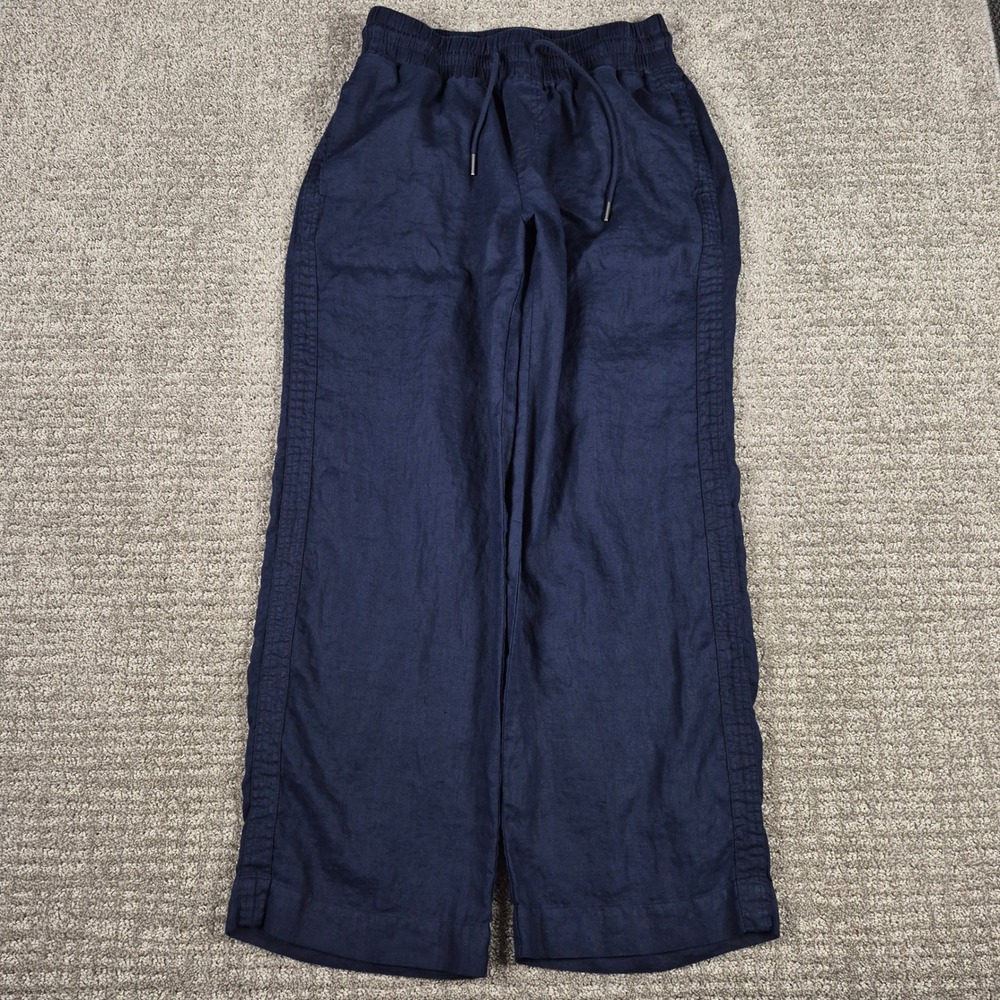 Quince Pants Women M Navy Blue Linen Wide Leg Drawstring Pull On